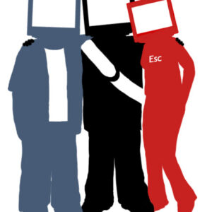 blue, black, and red computer head people standing together