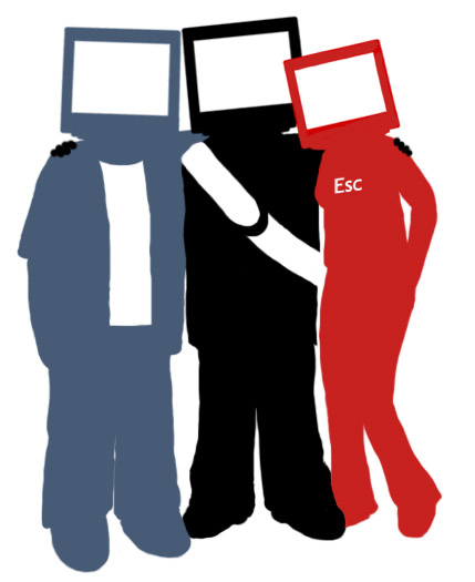 blue, black, and red computer head people standing together
