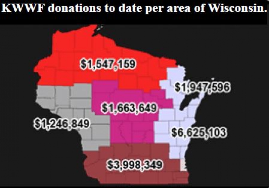 Map of KWWF donations to date per area of Wisconsin