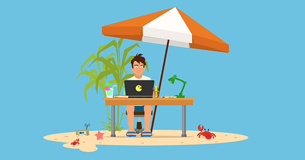 cartoon man working on a latop on an island