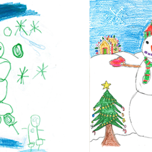 drawings of holiday card designs with snowmen