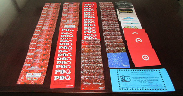 picture of gift cards for PDQ, target, and more