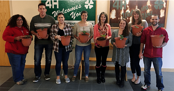 coworkers smiling together holding individual plants