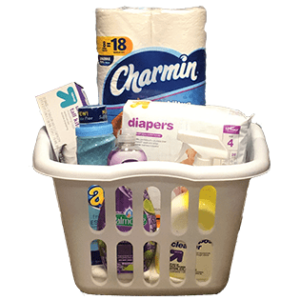 Image of basket with toilet paper, dipers, and other essential items