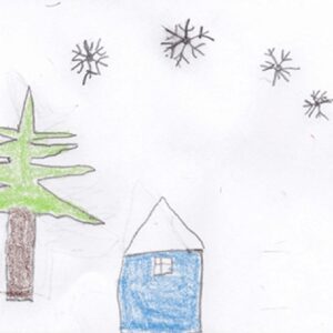 Winter drawing with a Christmas tree, snowman, and snowflakes