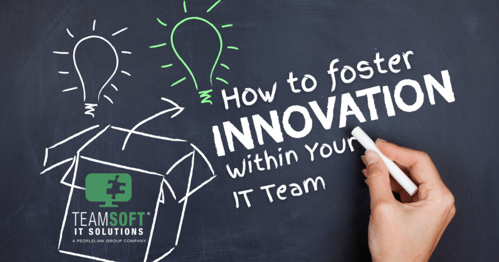 Illustration of light bulbs outside of a box and "How to foster innovation within your IT Team" written on a chalk board.