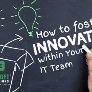 Illustration of light bulbs outside of a box and "How to foster innovation within your IT Team" written on a chalk board.